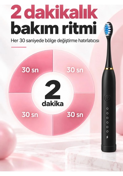 Exenar - Siyah - Şarjlı Elektrikli Diş Fırçası Dupont Yumuşak Kıllı 6 Mod 4 Yedek Başlıklı Ipx7 Su Geçirmez