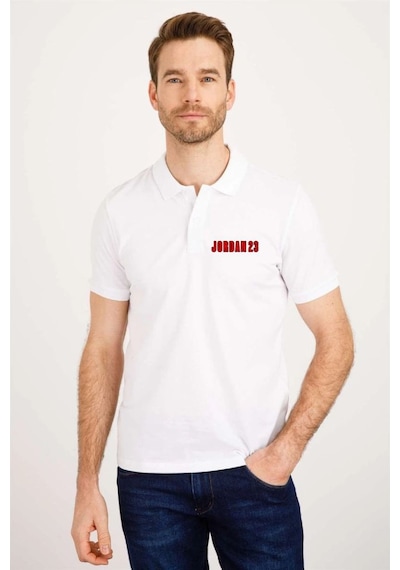 Erkek Pike Polo Yaka Tişört Düğmeli Baskılı T-shirt - Beyaz