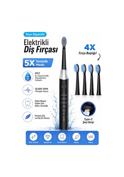 Robeve Auhma Amf13 Elektrikli Diş Fırçası 15.000 Vpm Sonic Titreşim 5 Temizlik Modu 4 Yedek Fırça Başlığı Type-c Şarj Ipx7 Suya Dayanıklı Şarjlı Diş Fırçası Siyah