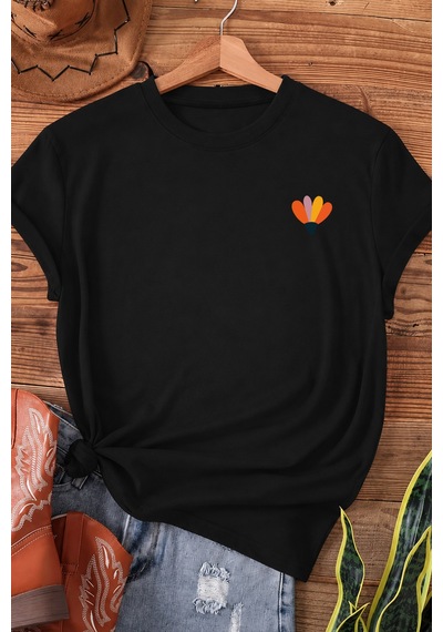 Spoyi Modern Flora Tasarımlı %100 Pamuk Yarım Oversize Siyah T-shirt