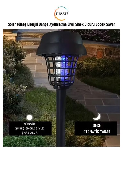 2 Adet 2'si 1 Arada Solar Şarjlı Uv Işıklı Sinek Öldürücü + Bahçe Aydınlatma Süs Işığı & Toprağa Saplamalı