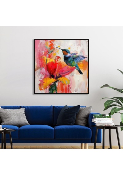 Yağlı Boya Dokulu Tablo Modern Renkli Sinek Kuşu Siyah Çerçeveli U04030-178944