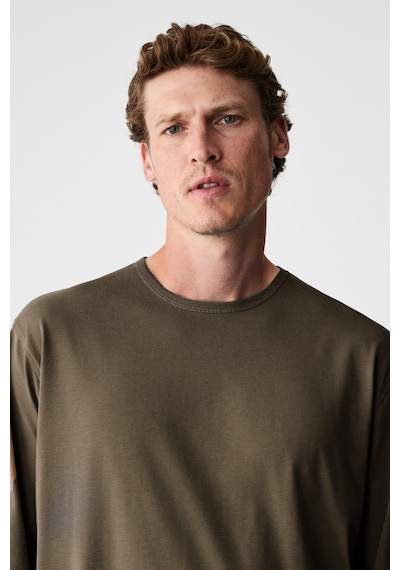 Grimelange Gravs Erkek %100 Pamuklu Yumuşak Kumaşlı Yuvarlak Yakalı Uzun Kollu Haki T-shirt