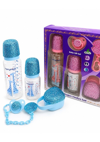5'li Cam Biberon Seti - Özel Taş Süslemeli Dizayn - 250 Ml Biberon-125ml Biberon - Emzik - Emzik Askısı - Emzik Kutusu - Özel Kutulu - Bebek Hediyelik - Plastik ve Cam Set