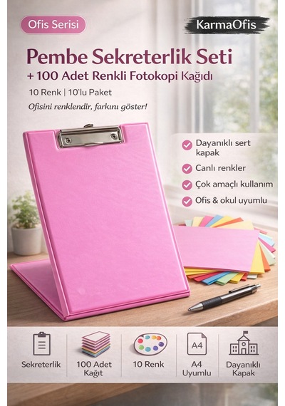 Pembe Sekreterlik Seti + 100 Adet Renkli A4 Fotokopi Kağıdı Dayanıklı Kapak, Çok Amaçlı Kullanım