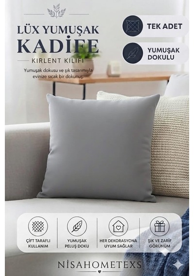Lüks Yumuşak Dokulu Kadife Salon Kırlent Kılıfı Gri, 45 Cm X 45 Cm Diğer