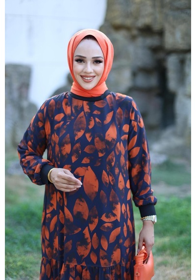 Harman Butik Kadın Astarlı Şifon Desenli Elbise Orange Orange