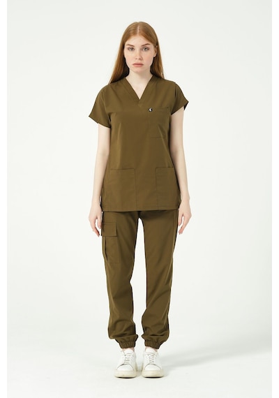 Haki Likralı Scrubs Kargo Cep Jogger Paça Doktor Hemşire Forması Yarasa Kol Takım Unisex