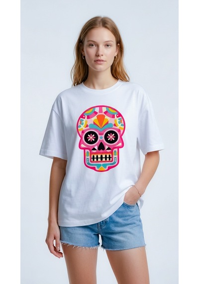 Hoxie Kadın Beyaz Renkli Meksika Kurukafası Calavera Baskılı Bisiklet Yaka Oversize Tişört