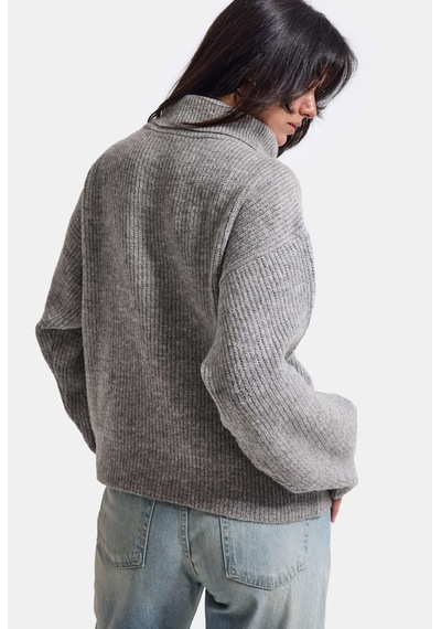 Kadın Gri W6-12 Oversize Fermuarlı Triko Kazak