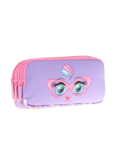 Kaukko Kids Üç Bölmeli Pembe Lila, Gözlüklü Kedi Baskılı, Kız Çocuk Okul Kalemliği - L8236 Pembe - Lila