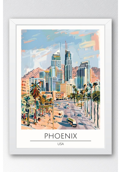 Abd Phoenix Temalı Çerçeveli Tablo Travel Serisi Modern İllüstrasyon Şehir Duvar Dekoru Beyaz