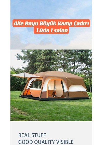 Büyük Uzay Açık Kamp Çadırları 8-10 Kişi Çift Kat 1 Oda 1 Oturma Odası Kamp Çadırı 330 210 185 Cm Kahverengi