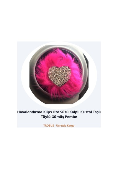 Trobus Havalandırma Klips Oto Süsü Kalpli Kristal Taşlı Tüylü Gümüş Pembe