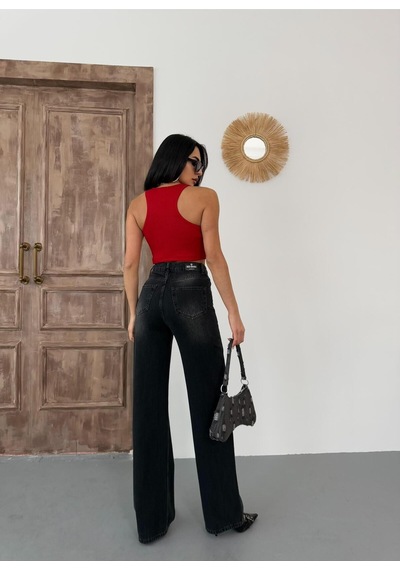 Kadın Wide-leg Yüksek Bel Geniş Paça Kot Pantolon Koyu Füme Siyah+koyu Füme