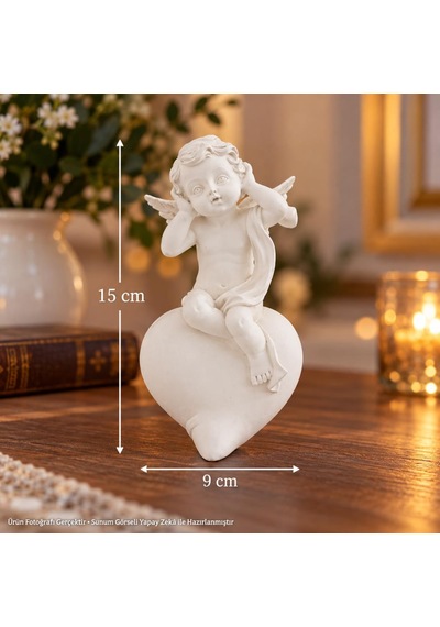 Dekoratif Melek Biblo Kalp Üzerinde Oturan Beyaz Melek Figürlü Hediyelik Süs 15x9 Cm
