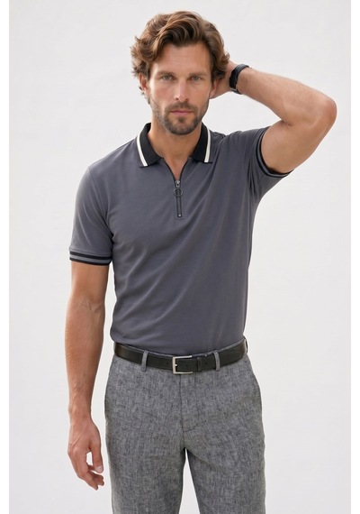Tudors Erkek Slim Fit Dar Kesim %100 Pamuk Kısa Kollu Yarım Fermuarlı Antrasit Polo Yaka Tişört-50747