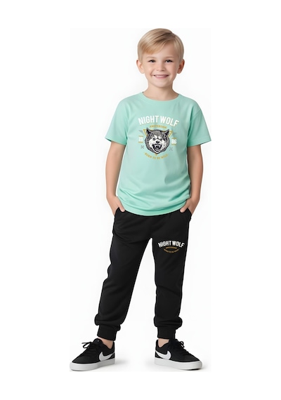 Fyk Kids Erkek Çocuk Mevsimlik Nıght Wolf Baskılı Alt-üst Takım Mint Yeşil