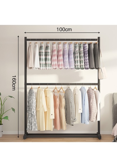 Vusıgn 2 Katlı Karbon Çelik Elbise Askısı Metal Kıyafet Askılığı 100x160 Cm Ahşap Rengi
