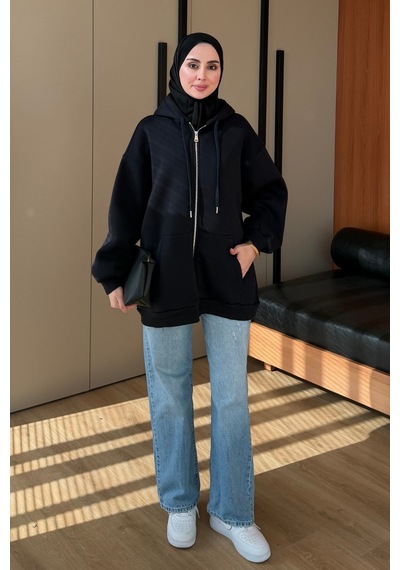 Balenbi Kadın 3 İplik İçi Polarlı Kapüşonlu Tesettür Basic Sweat Hırka 395 Siyah