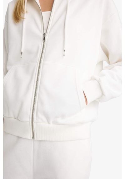 Defacto Relax Fit Kapüşonlu Basic Düz Kalın Fermuarlı Sweatshirt C1809ax25auer105 Ekru