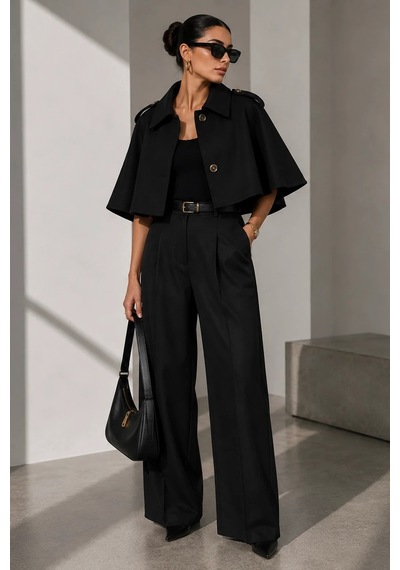 Bb Butik Basic Kadın Premiun Omuz Apoletli Crop Panço Trençkot Fs3434 Siyah