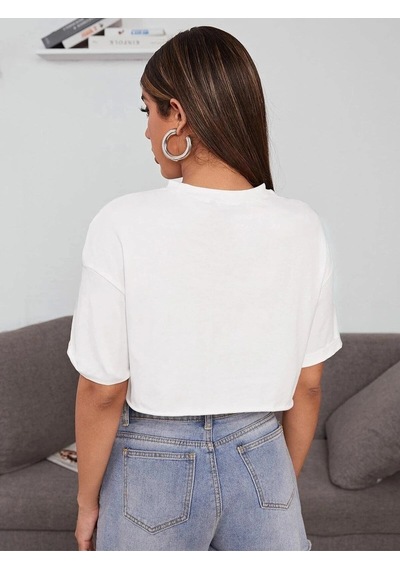 Startmore Kadın Beyaz Bisiklet Yaka Oversize Crop T-shirt Beyaz