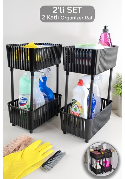 2'li 2 Katlı Tezgah Altı Organizer Raf - Banyo Deterjan Rafı Mutfak Evye Altı Düzenleyici Siyah Siyah