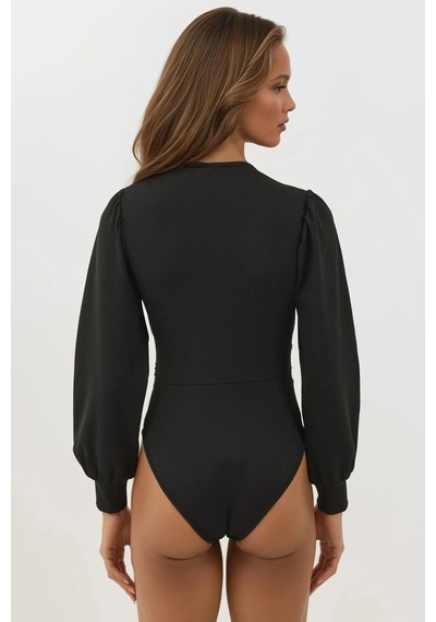 Hiccup Dar Fit V Yaka Balon Kol Bodysuit Siyah