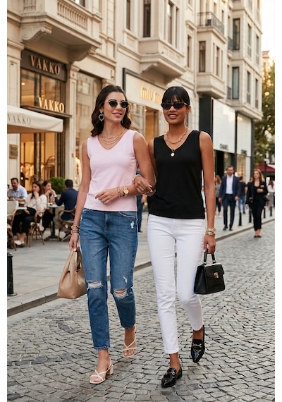 Lela Slim Fit V Yaka Kalın Askılı 2' Li Paket Bayan Bluz 5864384S2 Siyah-Toz Pembe