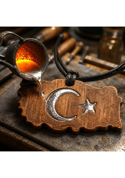 Ay Yıldızlı Türkiye Haritası Çift Taraflı Eskitme Ahşap Metal Kolye - Unisex Çok Renkli