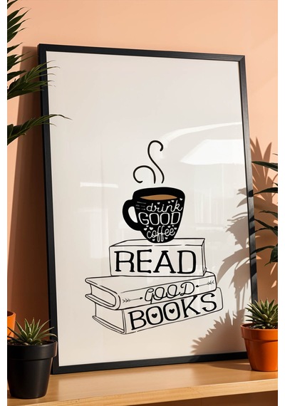 Retro Coffee And Books Tasarım Çerçeveli Tablo - Sanatsal Mutfak Ve Çalışma Odası Duvar Dekoru Siyah
