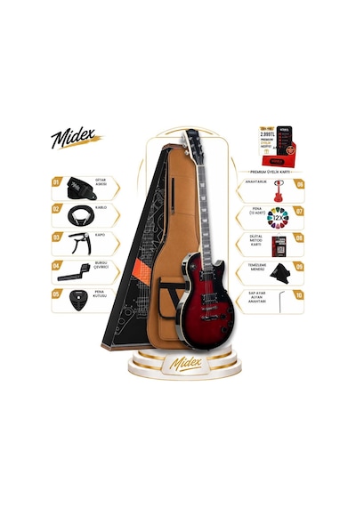 Midex Grx-200rds Profesyonel Les Paul Kasa Hh Elektro Gitar Seti Kırmızı Sunburs