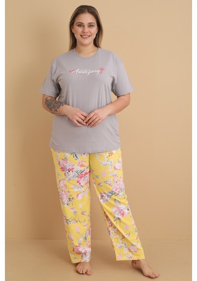 Wordex Mirano 4500 Kısa Kollu Çiçekli Süprem Kumaş Büyük Beden Kadın Pijama Takımı Gri