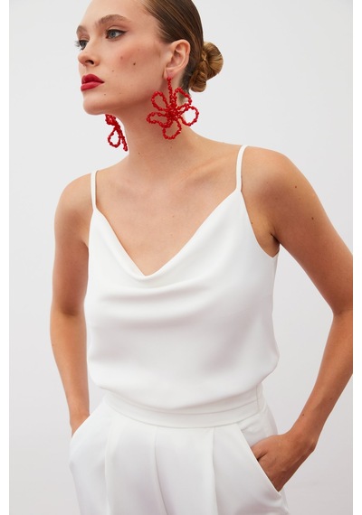 Sateen Degaje Yaka Saten Bluz - Ekru-133243