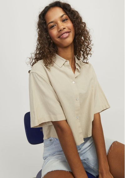 Jack & Jones Kadın Crop Keten Gömlek - Lulu 12231335 Cement Bej