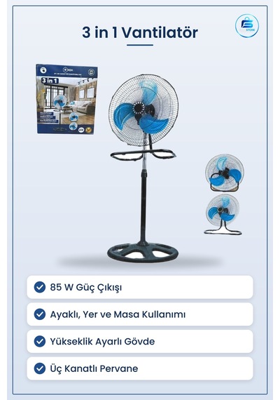 Vantilatör 3 İn 1 85 W Üç Kanatlı Ayaklı Yer Ve Masa Kullanımı Sa