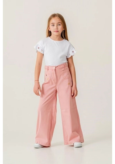Magu Kız Çocuk Pamuklu Beyaz Fırfır Kollu T-shirt Pembe Nakışlı Bol Paça Pantolon Takım Çok Renkli Magu Kız Çocuk Pamuklu Beyaz Fırfır Kollu T-shirt Pembe Nakışlı Bol Paça Pantolon Takım Çok Renkli