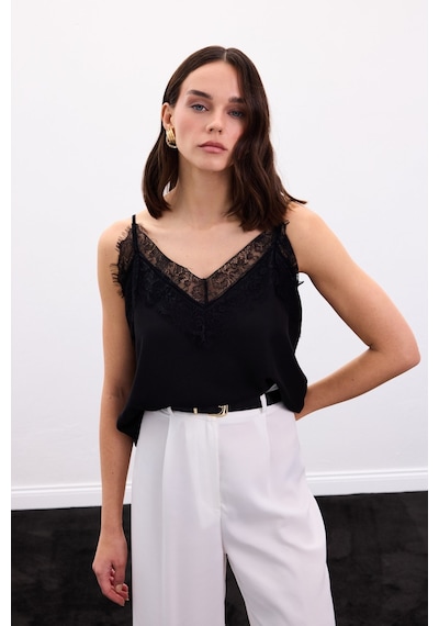 Sateen Dantel Detaylı Askılı Bluz - Siyah-136873 Siyah
