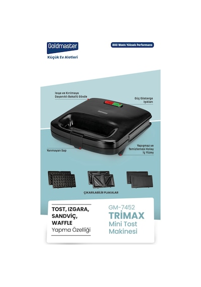 Goldmaster GM-7452 Trimax 800 W Mini Tost ve Waffle Makinesi