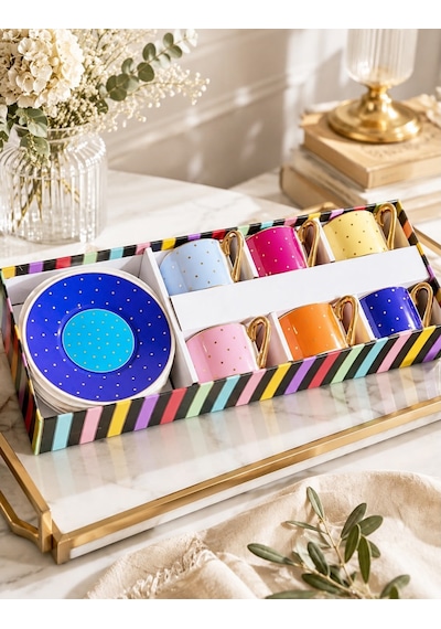 6 Kişilik Porselen Renkli Puantiye Kahve Fincanı 90 Ml-7504 Çok Renkli
