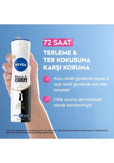 Kadın Sprey Deodorant Black & White Invisible İpeksi Pürüzsüzlük, Ter Ve Ter Kokusuna Karşı 72 Saat Anti-perspirant Koruma 150 Ml