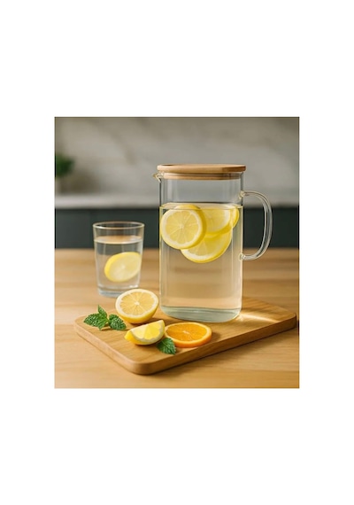 Bambu Kapaklı Cam Sürahi 1,5 Litre,ısıya Dayanıklı Borosilikat Cam Sürahi, Limonata, Soğuk İçecek Ve Sunum Sürahisi