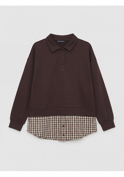 Lcw Modest Kahverengi Gömlek Yaka Ekoseli Kadın Sweatshirt Tunik