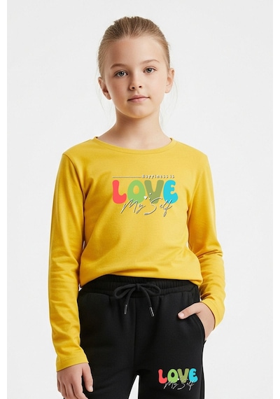 Fyk Kids Yuvarlak Yaka Love Baskılı Kız Çocuk Alt-üst Takım Sarı