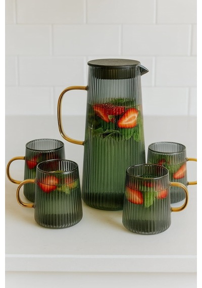 Borosilikat Cam Gold Saplı Sürahi 1300 Ml 4 Bardaklı