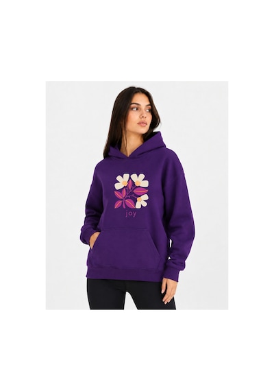 Herkesemoda Joy Çiçek Baskılı Kapüşonlu 2 İplik Şardonlu Sweatshirt Mor