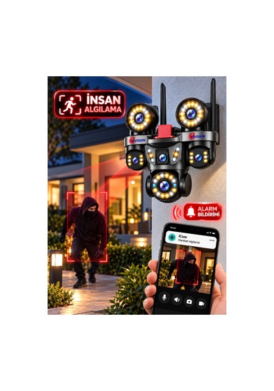 Esvision Es-9003 9mp 3 Kamera Wifi Ptz Sesli Akıllı Takip Zoom Güvenlik Kamera 7/24 Koruma 3+3+3mp