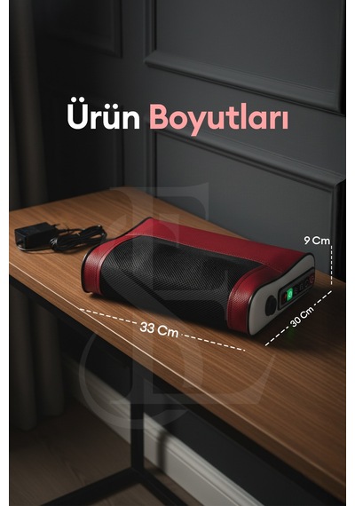 Elektrikli Masaj Yastığı Isıtmalı Yoğurmalı Kademeli Boyun Bel Sırt Araç Çakmaklıklı Adaptörlü Kırmızı