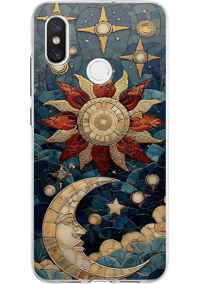Printify Xiaomi Mi 8 İle Uyumlu Vitray Sol Ve Luna Tasarımlı Şeffaf Silikon Kılıf Şeffaf